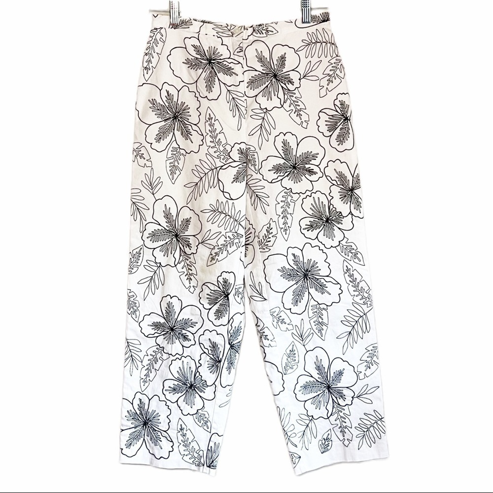 Talbots White Pants with Black Floral Embroidery Size 6